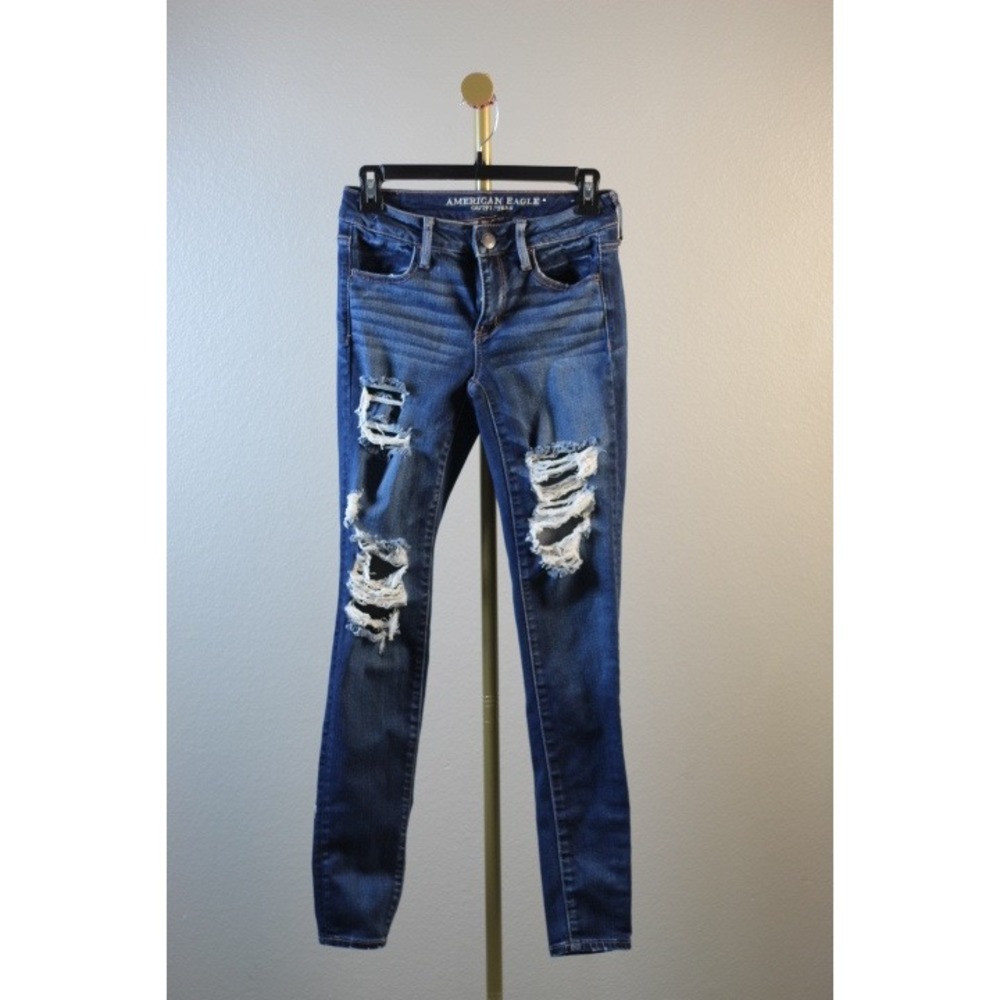American Eagle Super Stretch X Jeggings Distressed Dark Wash Blue Jeans Womens 6